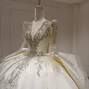 Vestido de Novia de Satén Xx98 con Cuentas de Cristal, Manga Larga, Corsé, Cola Catedral y Espalda con Cordones, Jancember - Product Image 3
