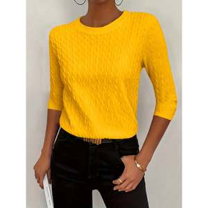 Pull côtelé à manches trois quarts pour femme, jaune, taille [taille à préciser], haut en tricot, vêtement décontracté - Product Image 1