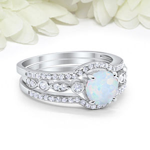 Ensemble de trois pièces vintage Art Déco en argent sterling 925 massif avec opale blanche ronde, ensemble de mariage, fiançailles, alliance, trio, bague de promesse - Product Image 2