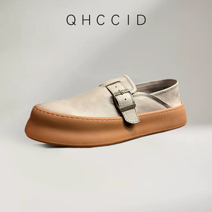 QHCCID Genuine Leather <b>Slip</b>-<b>on</b> Loafers Low Heel Height Increasing Men's Casual Shoes Light Gray White Brown Black - Product Image 3