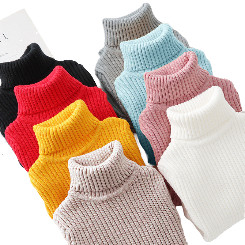 High Quality Autumn Winter Cotton Knitted Pullover Sweater for Kids Solid Color High Collar-for Boys and Girls