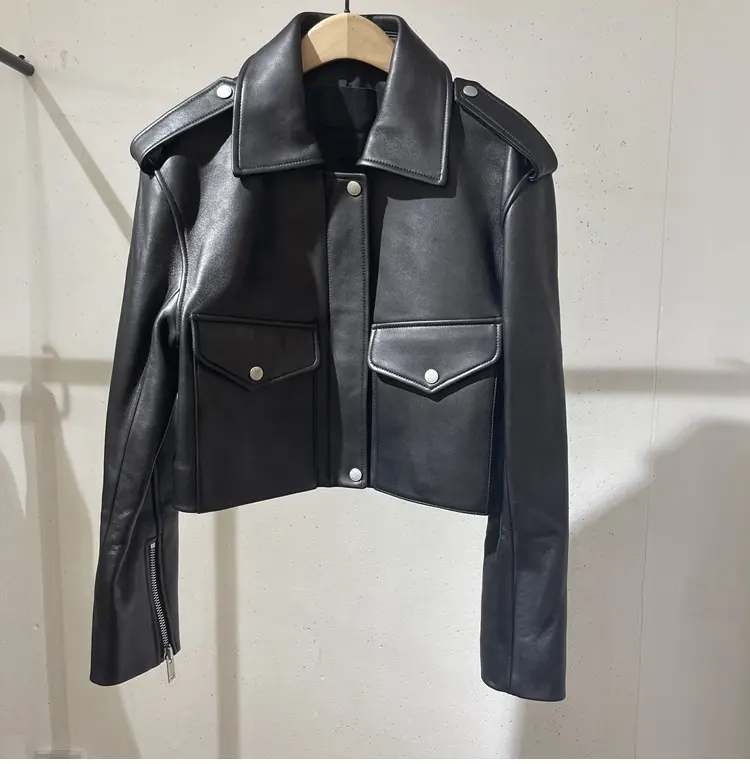 European goods leather coat women's spring and autumn high-grade short motorcycle Black Pu jacket