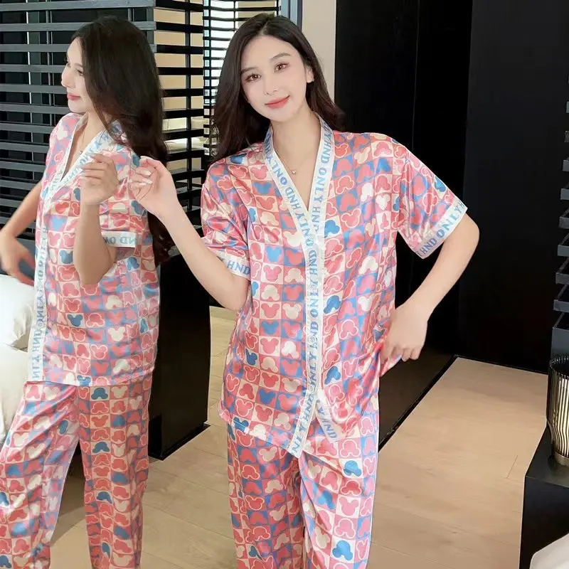 Spring Satin Pajama Long Sleeve V Neck Ice Silk Underwear Luxury Pyjama Letter Print Sexy Pijama Silk Night Wear for Women Sleep