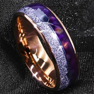 8mm Rose Gold Arrow Roxo Ágata meteorito Domed Anel Homens Mulheres Bandas De Noivado De Casamento Alta Polonês Tungstênio Anel