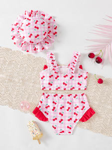 Ensemble de maillot de bain d'été pour bébé fille, imprimé fruits, avec débardeur à bretelles, nœud, short et chapeau de couleur assortie - ODM disponible - Product Image 2