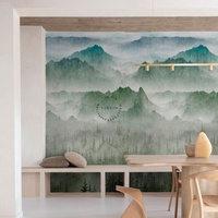 Papier peint moderne auto-adhésif écologique en soie, paysage de montagne verte brumeuse, imperméable, pour mur de maison