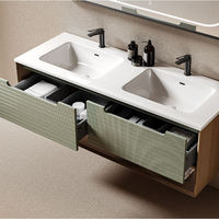 Ensemble de meuble-lavabo mural moderne en bois massif texturé, personnalisé, avec lavabo intégré et miroir LED, pour projets d'appartements et d'hôtels