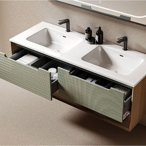 Set Mobile Bagno Moderno Personalizzato in Legno Massello con Lavabo Integrato e Specchio LED per Progetti di Appartamenti e Hotel - Product Image 5
