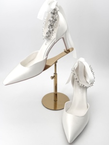 Manufacturer Elegant <b>White</b> Satin Leather Wedding Shoes High Quality Custom Ankle Peals High <b>Heels</b> Bridal Wedding Shoes for Women - Product Image 6