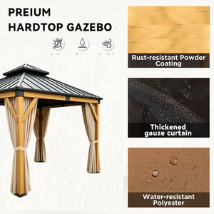 Gazebo en <span class=keywords><strong>aluminium</strong></span> à double toit imitation bois avec rideaux d'intimité, auvent extérieur résistant aux intempéries - Product Image 3