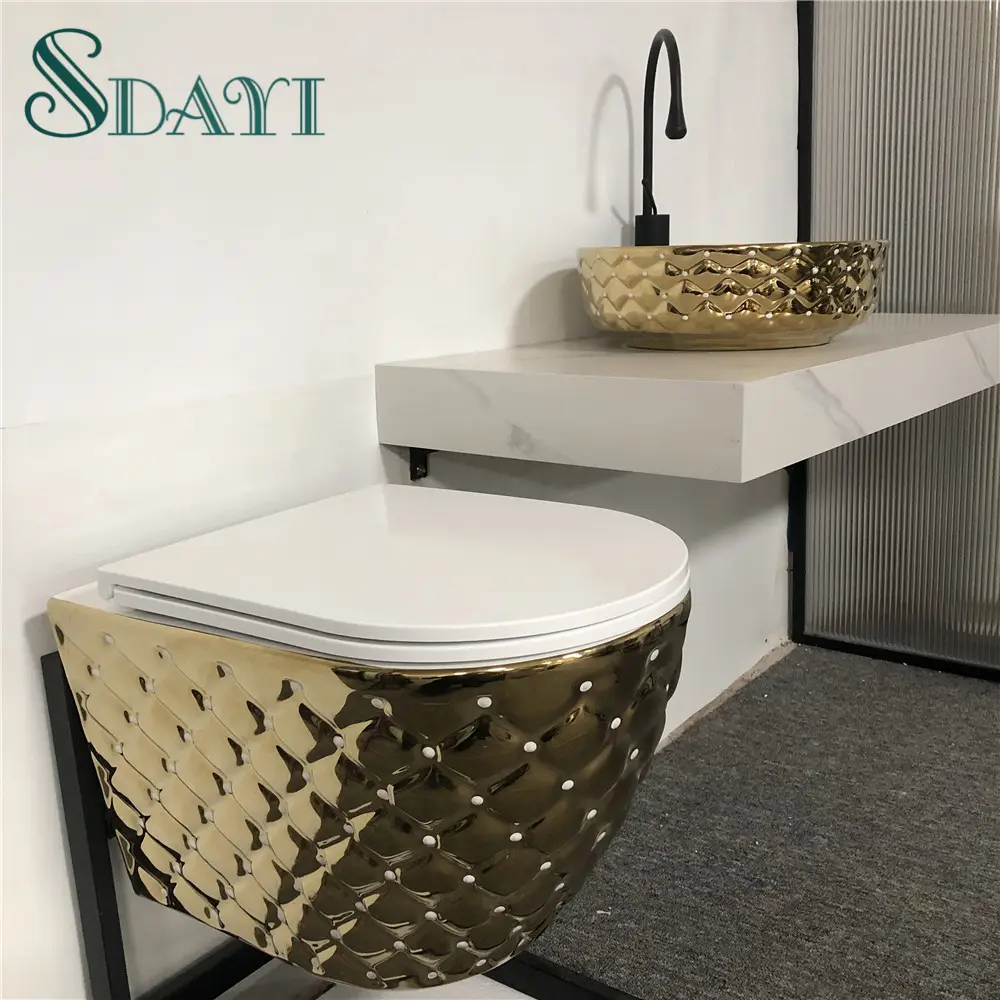 SSDAYI wc sospeso in ceramica standard color oro per bagno con design a diamante a parete nero dorato wc wc