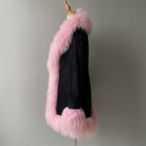 Manteau Long d'Usine en Gros en Véritable Peau de Mouton, Chaud et Épais, Col en Fourrure d'Agneau Naturelle, Manteaux de Luxe en Cuir Suédé pour Femme Hiver - Product Image 3