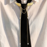 Broche de mariage unisexe élégante et romantique, style rétro, asymétrique, avec strass, alliage plaqué, ailes d'ange, perles et pompon, pour revers de veste
