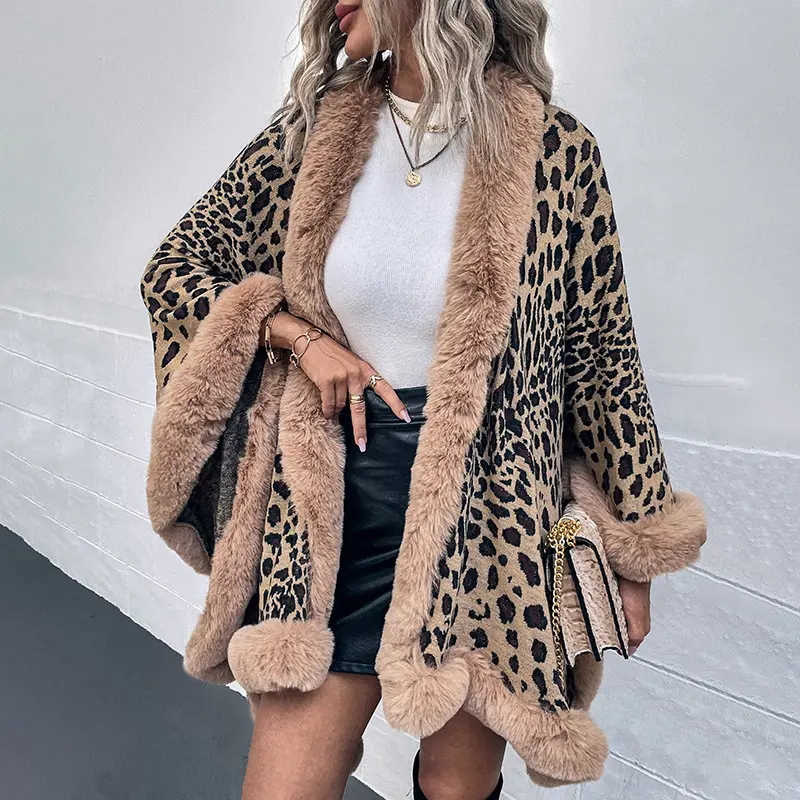 Automne hiver 2023 col fourrure léopard tricoté châle pull chaud manteau Cardigan femmes
