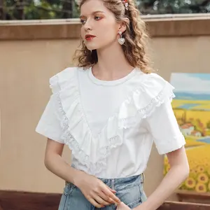 Summer New Fashion Ruffle Crimping Beaded T Shirts Women Round Neck Tshirts Casual White Short Sleeves Tops Tees