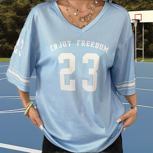 T-shirt unisexe à col en V, style rétro, en maille respirante, décontracté, pour le basketball, tendance, surdimensionné, uni, jersey ample, manches courtes, personnalisable - Product Image 2