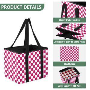 Custom Printed Pink Plaid Picnic Travel Storage Box Shopping Tote <b>Bag</b> Heavy Duty <b>Reusable</b> Grocery <b>Bag</b> with Durable Handles - Product Image 3