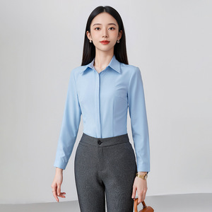 Women's Professional Sky Blue Shirt Long Sleeve Solid Color Office Wear Polyester Broadcloth - Product Image 1