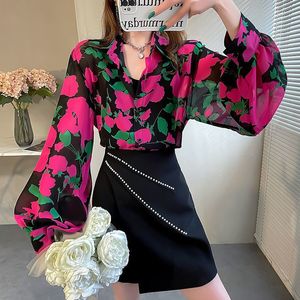 빈티지 플로럴 프린트 시폰 블라우스 여성용 랜턴 롱 슬리브 버튼다운 캐주얼 셔츠 - Product Image 3