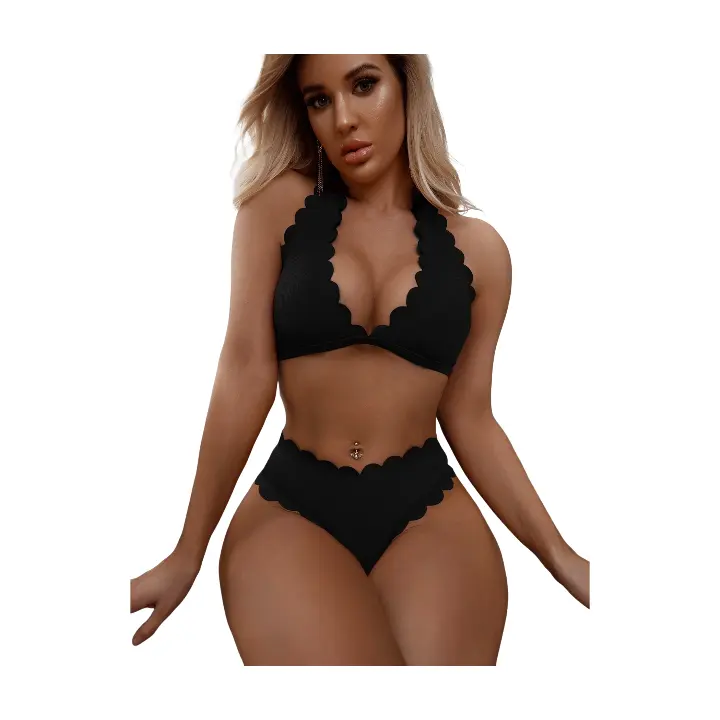 Personalizado sólido mujeres Split traje de baño festoneado Trim Halter Bikini cintura alta espalda descubierta Tanga traje de baño ropa de playa Mujer