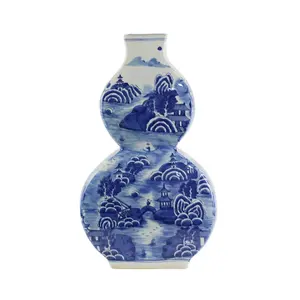 RYLU108-C Flat calabash shape blue and white Chinese town pattern House Pattern ceramic flower vase