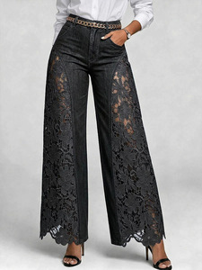 Jean large taille haute en denim floral ajouré avec empiècements en dentelle pour <span class=keywords><strong>femme</strong></span>, style Coquette, Vente en gros - Product Image 4