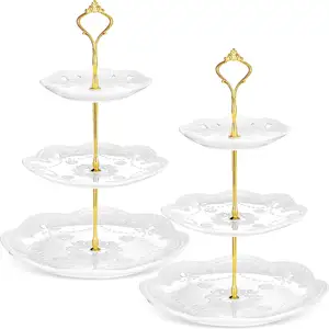 Elegant Three Tiers Ceramic Embossed White Hollow Dessert Plate Wedding Cake Stand For Party