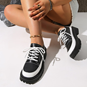 Color Block Autumn British Style Thick Heel Low Ankle Flats New Arrival Plus Size <b>Tie</b> <b>Back</b> Retro Small Leather Shoes - Product Image 4