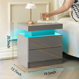 Nightstand LED <b>Bedside</b> Table Cabinet with 2 Drawers Grey Gold Modern Bedroom <b>Storage</b> Drawer Unit - Product Image 3