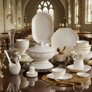 Elegant Luxury Bone China <b>Dinnerware</b> Sets Gold Trim Eco-Friendly Utensils Kit Freezer Safe Fade Resistant for Hotel Camping - Product Image 1