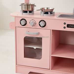 Cuisine de jeu en bois de luxe pour enfants avec réfrigérateur, micro-ondes, cuisinière et évier de style vintage, ensemble de cuisine d'imitation haut de gamme - Product Image 5