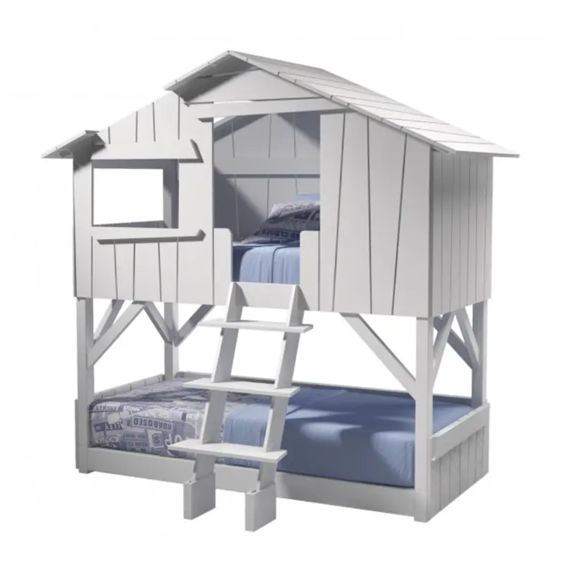 Casa de árbol hecha de fábrica, litera doble en blanco para dormitorio de niños
