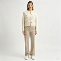 Gaby – Cardigan en tricot pointelle marron de haute qualité pour femme, personnalisé OEM, couleur blanche, manches longues, boutons en corne