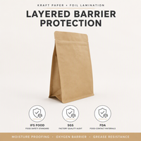 Pochette à fond plat en kraft naturel avec valve de dégazage unidirectionnelle, fermeture éclair refermable, soufflet latéral, étiquette privée, en stock