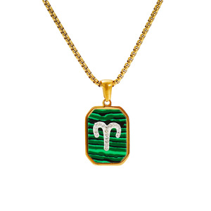 Collier zodiaque en malachite verte de luxe léger quotidien, plaqué or 18 carats, pendentif carré en acier inoxydable pour femmes, tendance, serti pavé - Product Image 5
