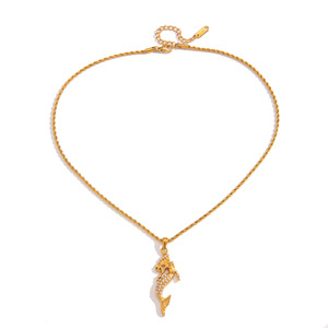 Collier pendentif sirène en acier inoxydable, incrustation de zircon, ton doré, breloque à thème pour femmes, bijoux cadeau, accessoire de mode - Product Image 5