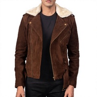 Veste en cuir pour homme, doublée en sherpa marron, légère, zippée, décontractée, pour l'automne et les activités de plein air