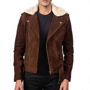 <b>Men's</b> Brown <b>Suede</b> Motorcycle <b>Jacket</b> With Faux Fur Lining Zipper Closure Windproof Winter Outerwear - Product Image 4