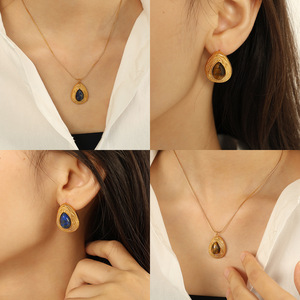 French Retro <b>Tiger</b> <b>Eye</b> Necklace Set Water Drop Shape Zinc Alloy Bezel Setting For Women Fashion Jewelry - Product Image 4