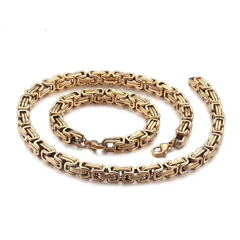 18K Gold Plated Byzantine Chain Necklace 5MM Jewelry Set Stainless Steel Thick Link Men's Necklace Bracelet