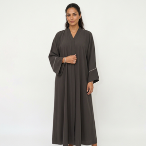 Nouvelle Robe Longue Maxi Abaya Grise Modeste pour Femme, Style Dubaï, Col en V, Manches Longues, Légère, Unie, Kaftan Islamique - Product Image 1