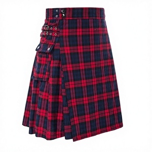 Women's Cotton Plaid Kilt <b>Skirt</b> With Pockets And Buckle Closure In Red Blue Green And Gray Patterns - Product Image 1