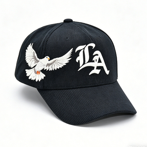 Black Corduroy 5-panel <b>Baseball</b> <b>Cap</b> with <b>LA</b> & Cross Embroidery Gothic Streetwear Adjustable for Men Women - Product Image 4