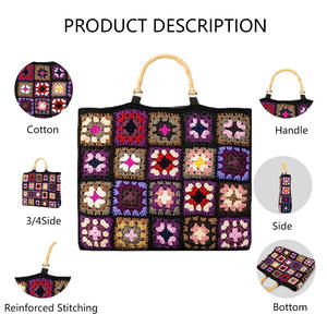 Bolso Tote Cuadrado de Algodón Crochet 3168 L, Patrón <span class=keywords><strong>Patchwork</strong></span>, Asa de Bambú, Forro Doble de Algodón, Bolso Elegante para Fin de Semana o Uso Diario - Product Image 2
