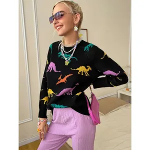 OEM Designer Hersteller Frauen Langarm Dinosaurier Muster Strick pullover Pullover Elegante Achsel zucken