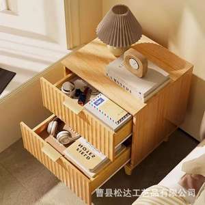 Wooden bedside table with <b>storage</b> slots, modern minimalist style <b>bedroom</b> <b>storage</b> <b>cabinet</b>, wooden side table, double-layer - Product Image 3
