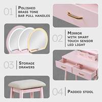 Table de toilette moderne en MDF rose, durable et tendance, avec miroir éclairé sur pied et tabouret rembourré, pour chambre et salon, vente en gros