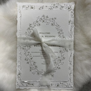 Custom Floral Embossed Gravure Printed <b>Wedding</b> Greeting Card with Torn Edges and <b>Ribbon</b> Tie Art Paper Design - Product Image 2