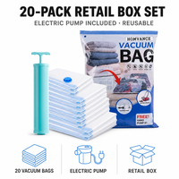En stock – Lot de 20 sacs de compression sous vide réutilisables pour vêtements avec pompe électrique – Gain de place – Coffret de vente au détail