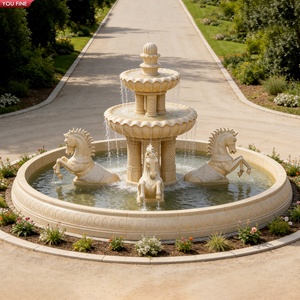 Fontaine à deux niveaux en marbre crème naturel d'Égypte YOUFINE avec cheval sauteur pour la décoration de villas de style européen - Product Image 1